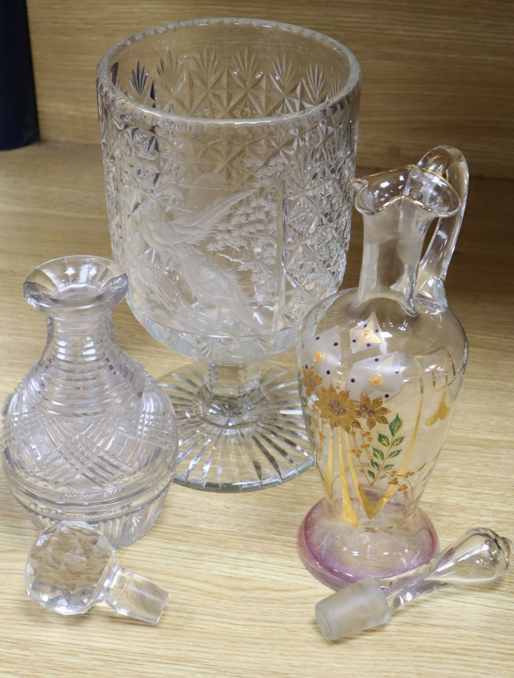 Five items of glassware, including a large goblet-shaped footed vase, possibly by Thomas Webb,